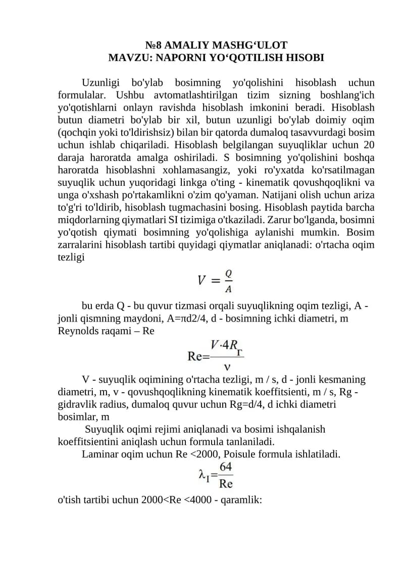 NAPORNI YO‘QOTILISH HISOBI