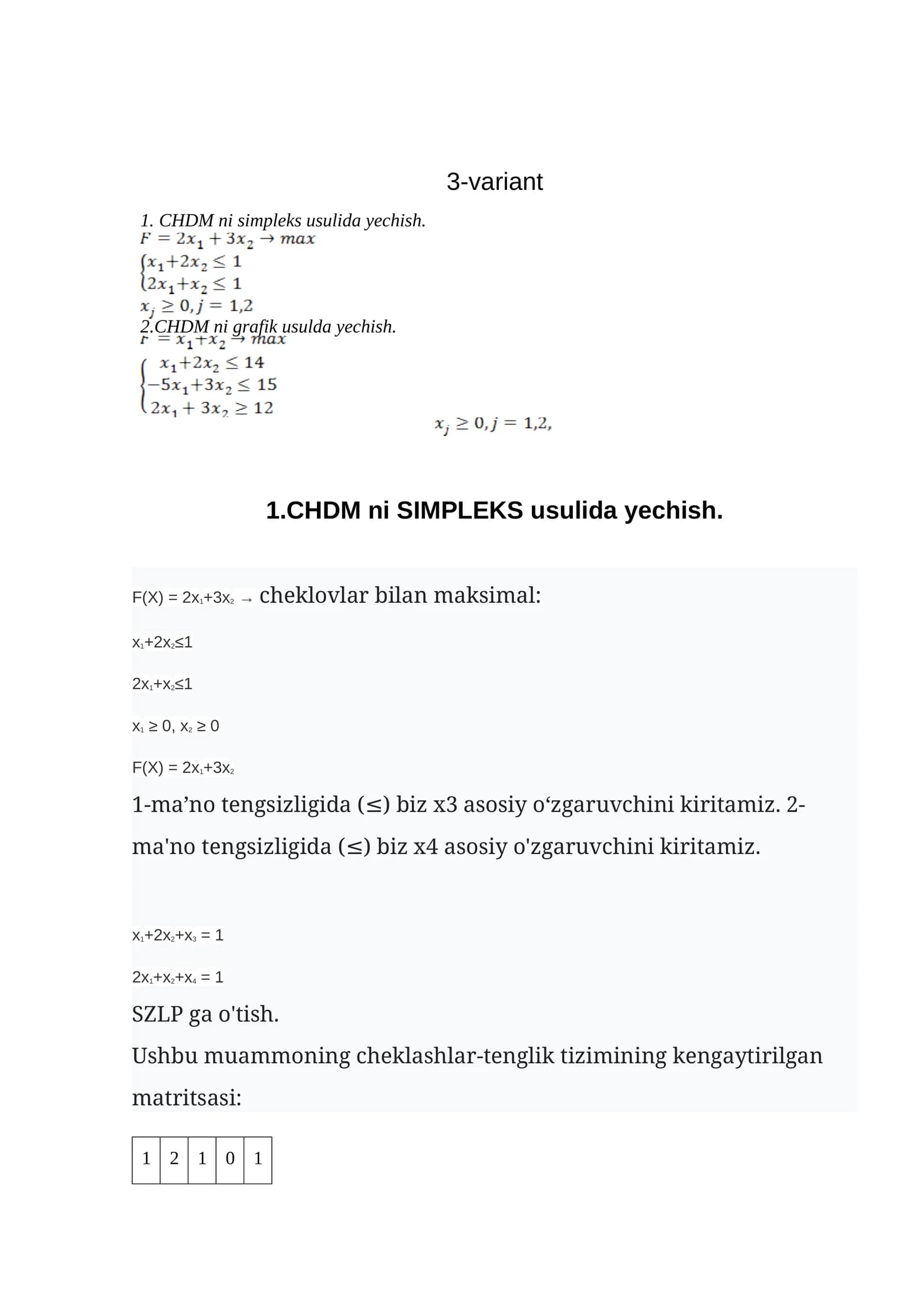 CHDM ni simpleks usulida yechish