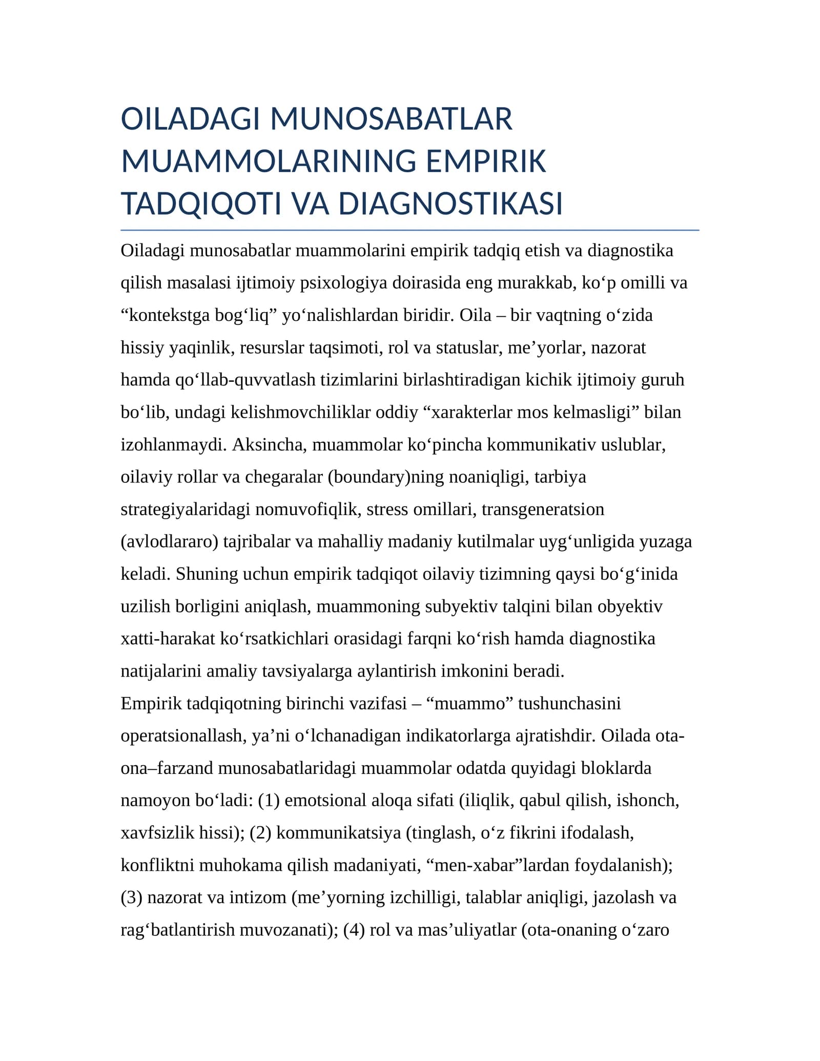 OILADAGI MUNOSABATLAR MUAMMOLARINING EMPIRIK TADQIQOTI VA DIAGNOSTIKASI