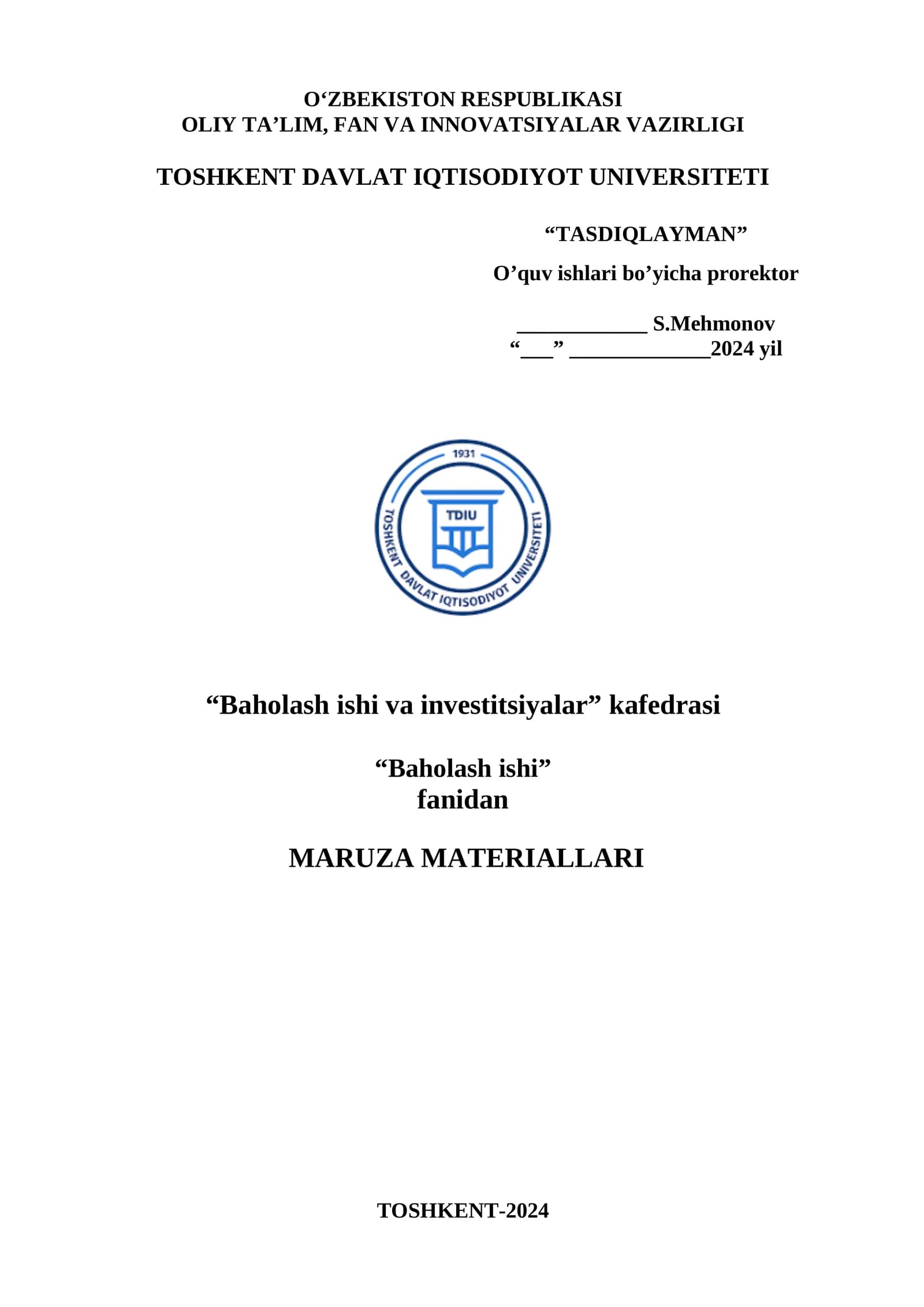 1-Mavzu. Mulk qiymatini baholash faoliyati tushunchasi va mazmuni