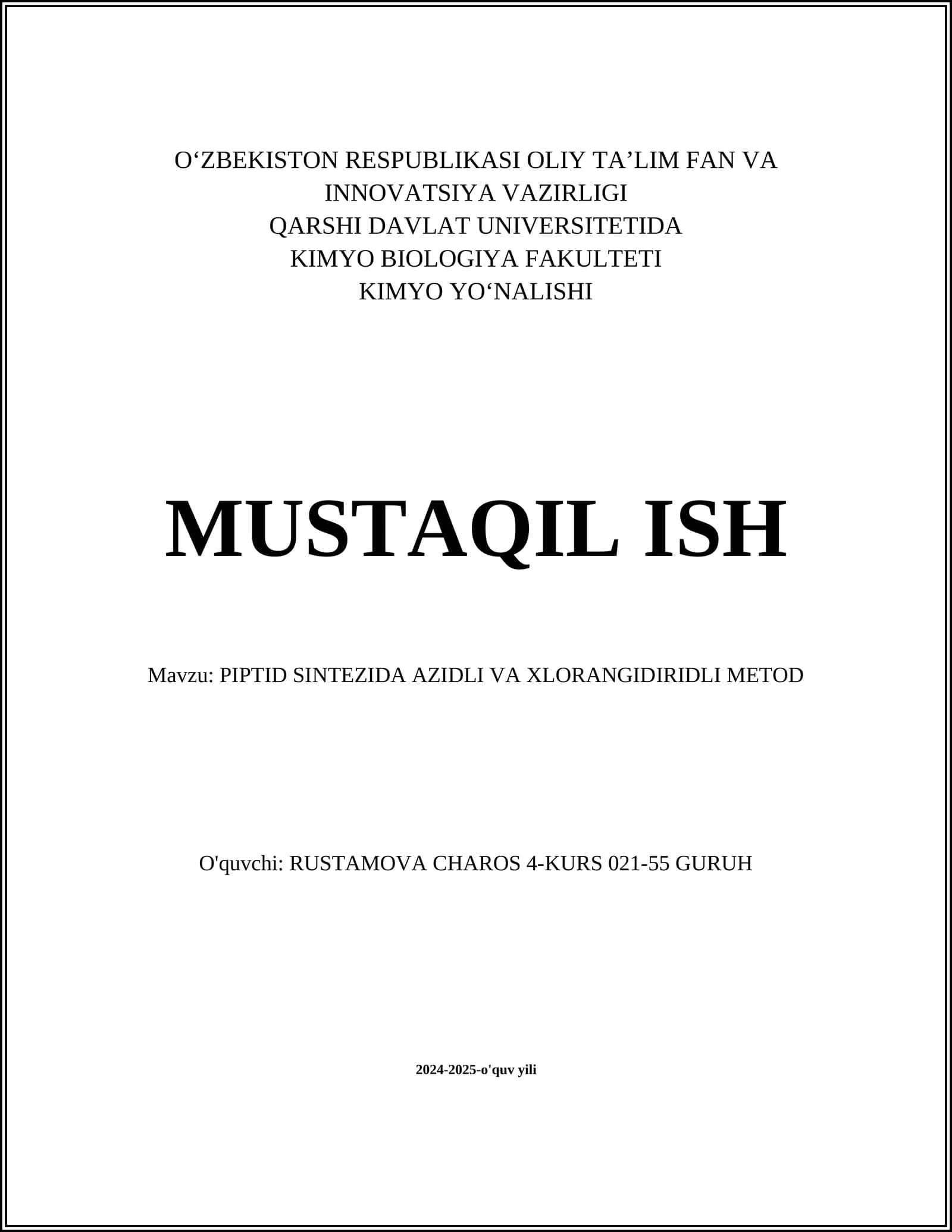 PIPTID SINTEZIDA AZIDLI VA XLORANGIDIRIDLI METOD
