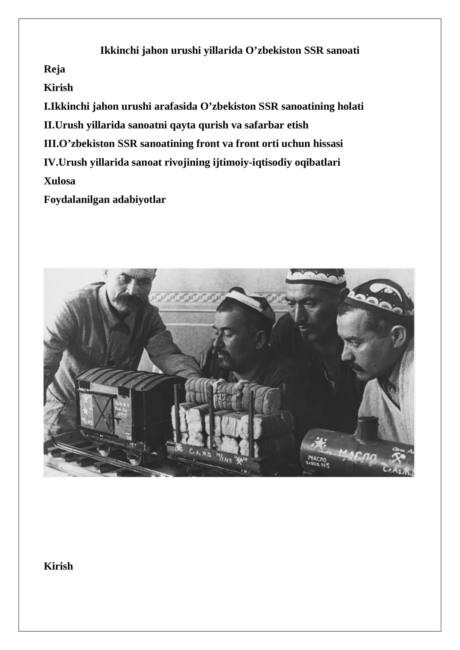 Ikkinchi Jahon Urushi Yillarida O’zbekiston SSR Sanoati