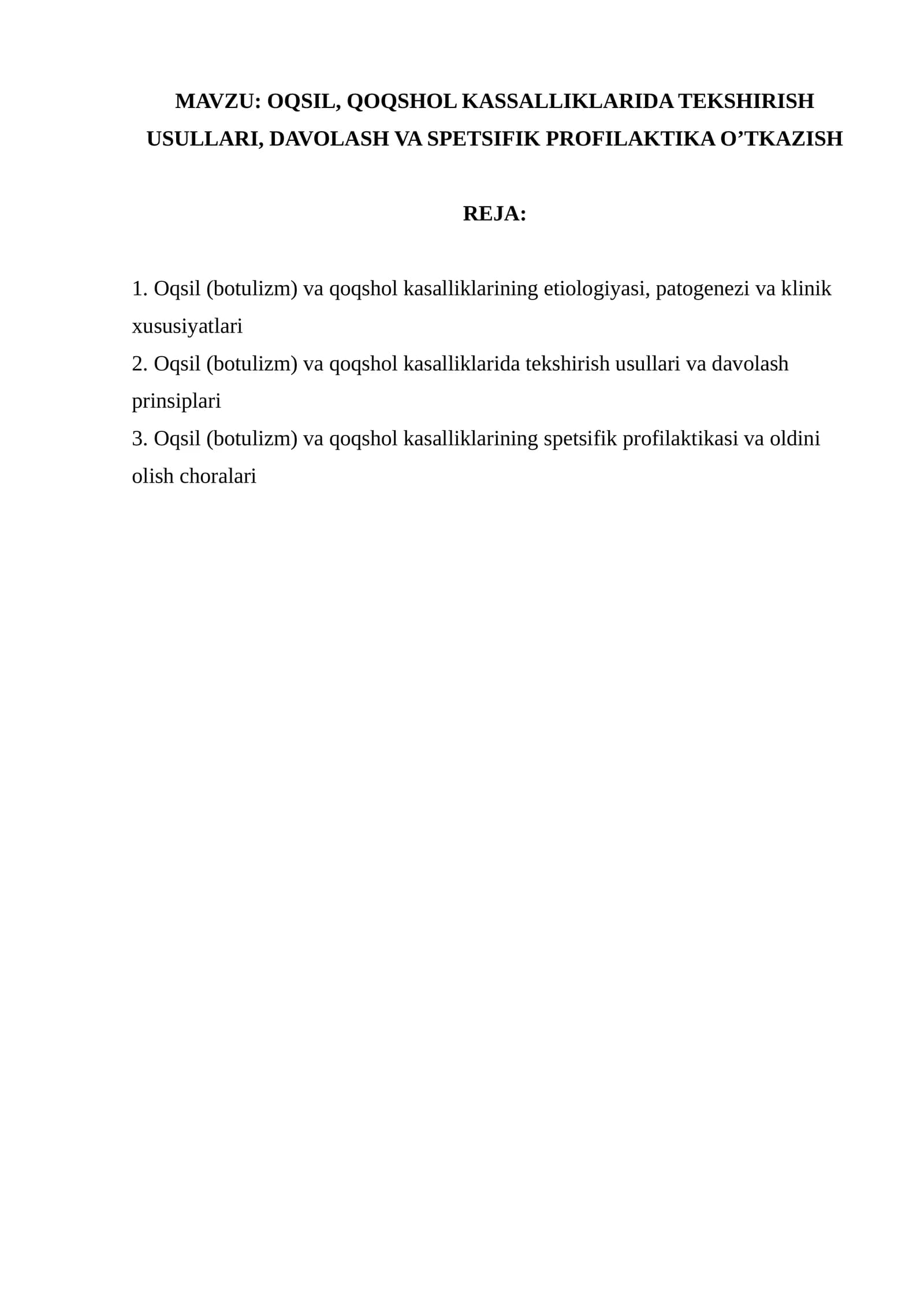 Oqsil (Botulizm) va Qoqshol Kasalliklari