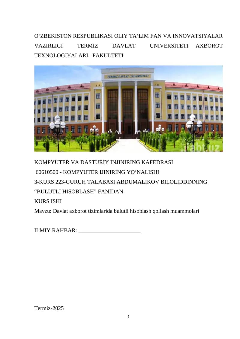 "BULUTLI HISOBLASH" FANIDAN KURS ISHI