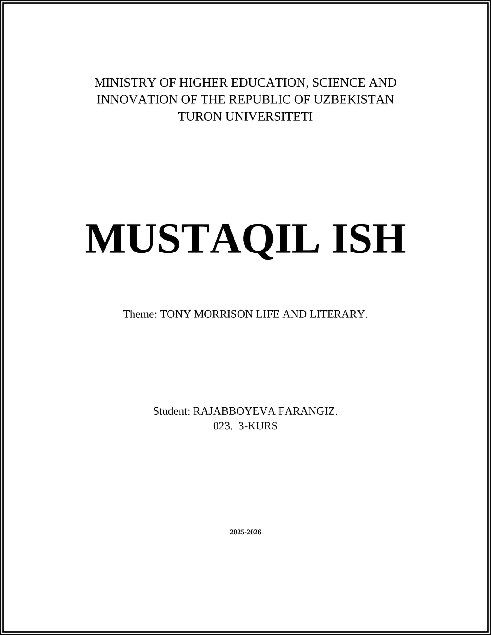 TONY MORRISON LIFE AND LITERARY