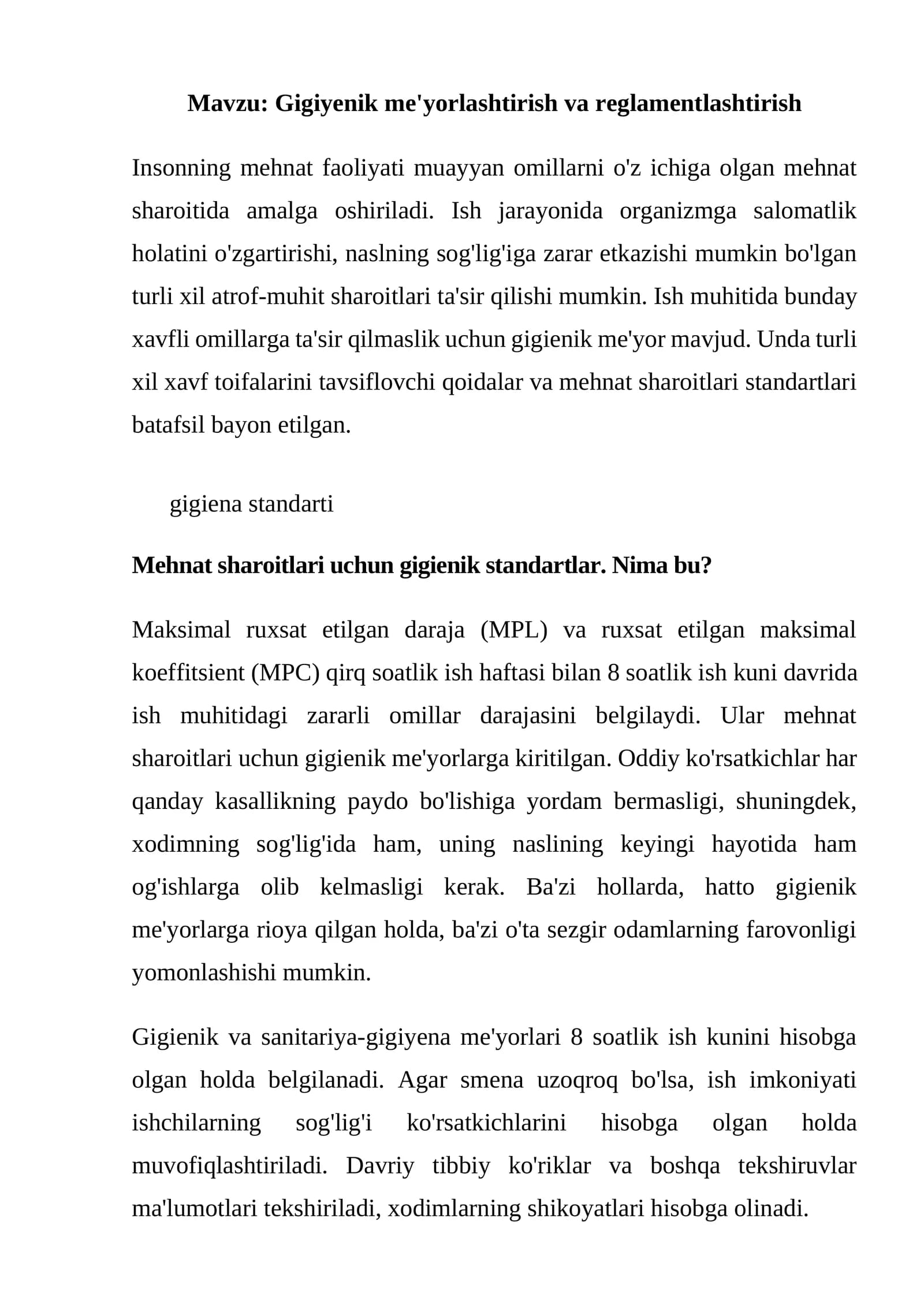 Gigiyenik me'yorlashtirish va reglamentlashtirish
