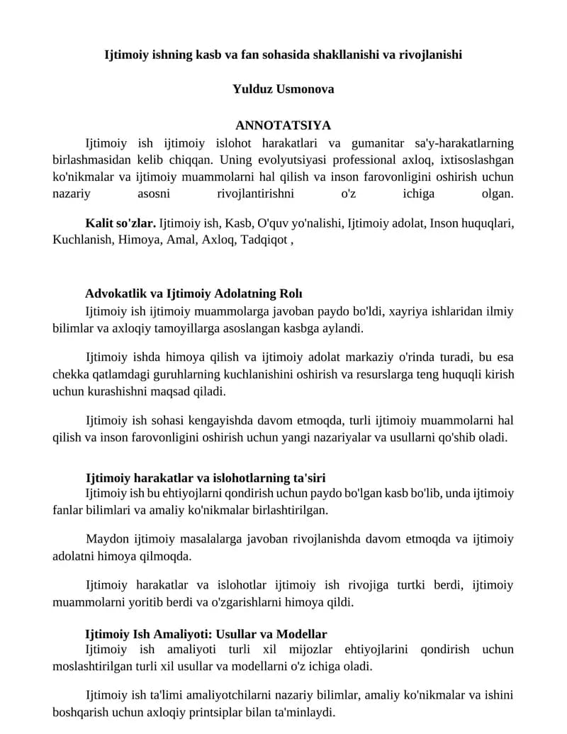 Ijtimoiy ishning kasb va fan sohasida shakllanishi va rivojlanishi