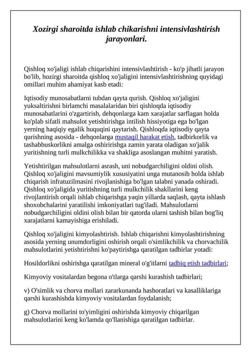 Qishloq xo'jaligi ishlab chiqarishini intensivlashtirish