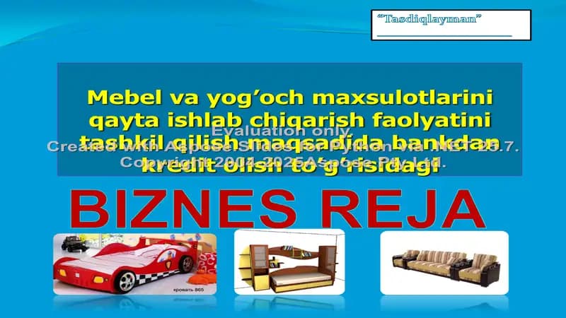Mebel va yog’och maxsulotlarini qayta ishlab chiqarish faolyatini tashkil qilish maqsadida bankdan kredit olish to’g’risidagi