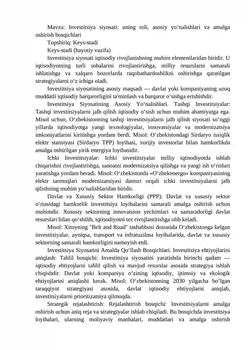 Investitsiya siyosati: uning roli, asosiy yoʻnalishlari va amalga oshirish bosqichlari