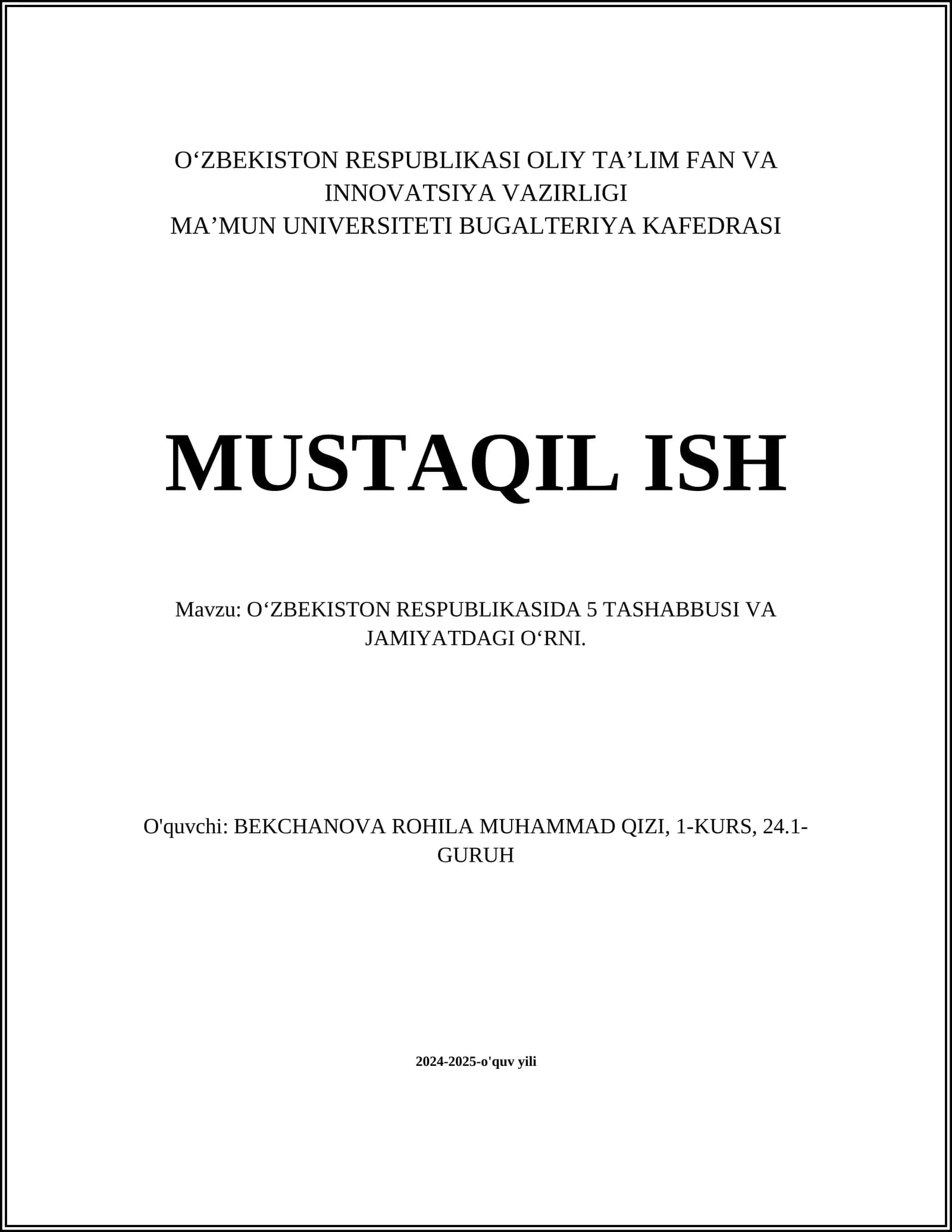 O‘zbekiston Respublikasida 5 tashabbusi va jamiyatdagi o‘rni