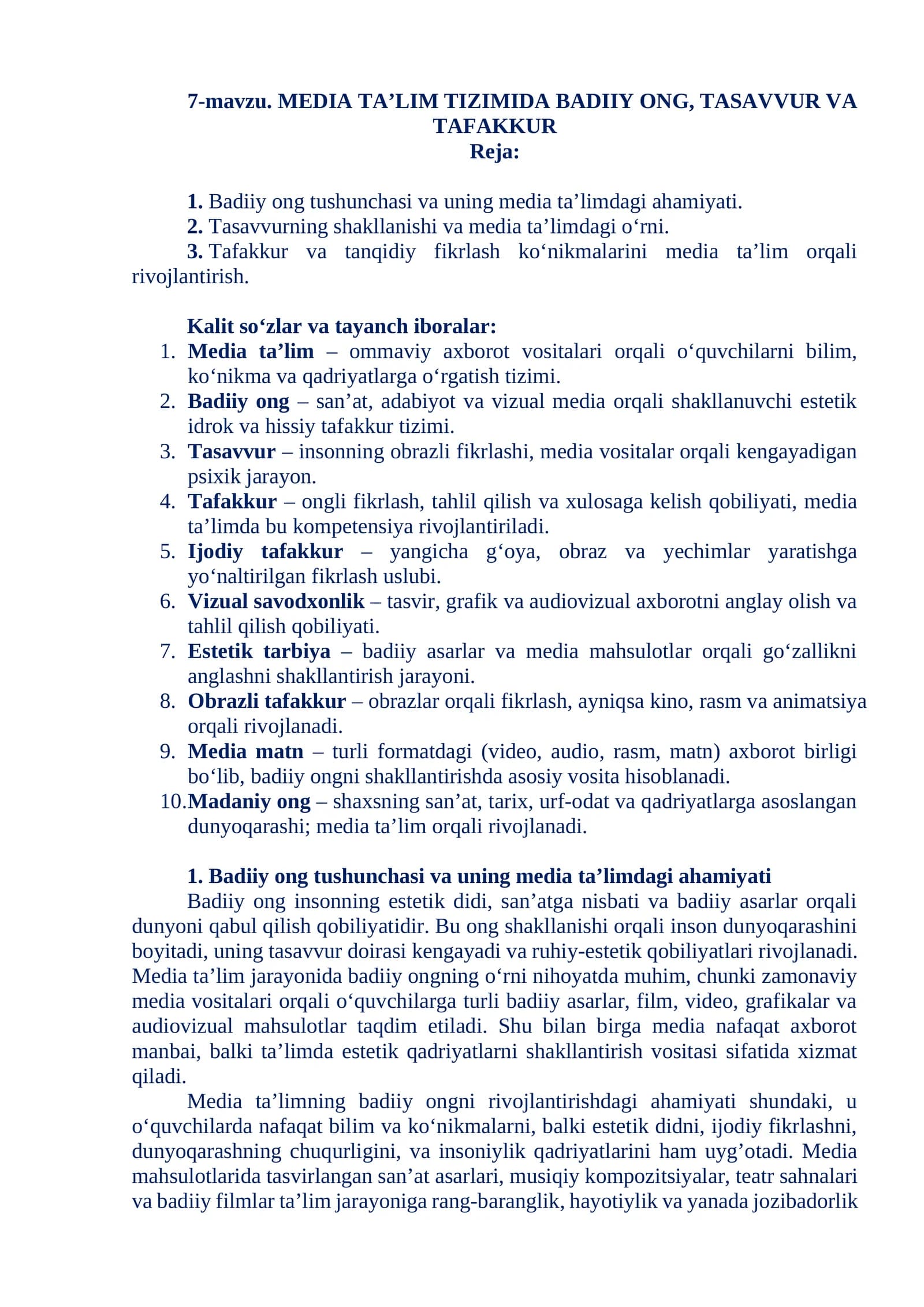 MEDIA TA’LIM TIZIMIDA BADIIY ONG, TASAVVUR VA TAFAKKUR