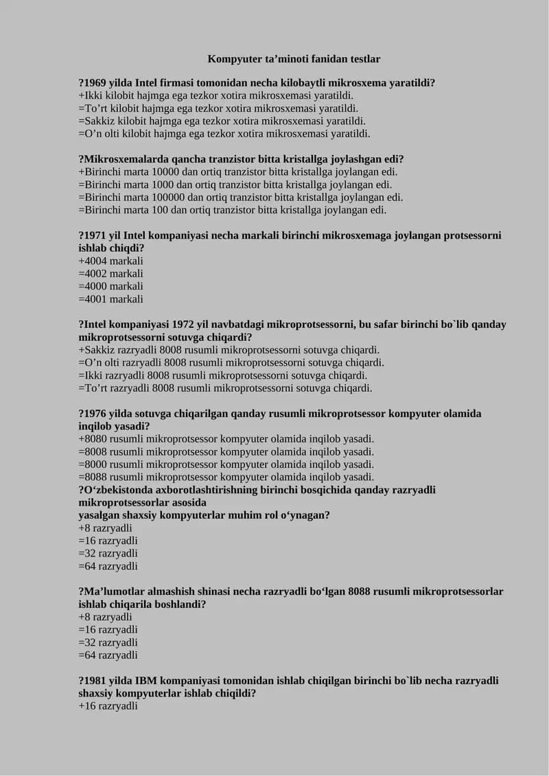 Kompyuter ta'minoti fanidan testlar