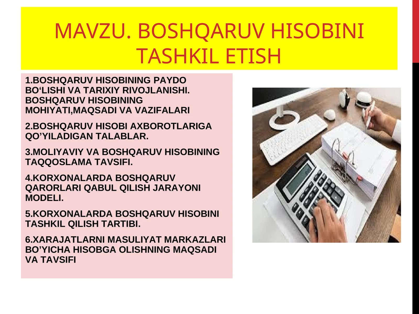BOSHQARUV HISOBINI TASHKIL ETISH