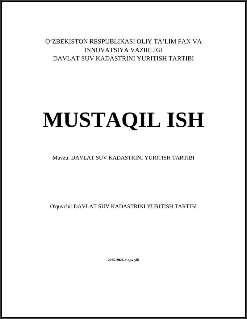 DAVLAT SUV KADASTRINI YURITISH TARTIBI