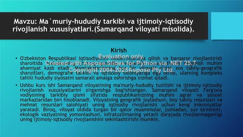 Samarqand viloyatining ma'muriy-hududiy tarkibi va ijtimoiy-iqtisodiy rivojlanishi (kurs ishi)