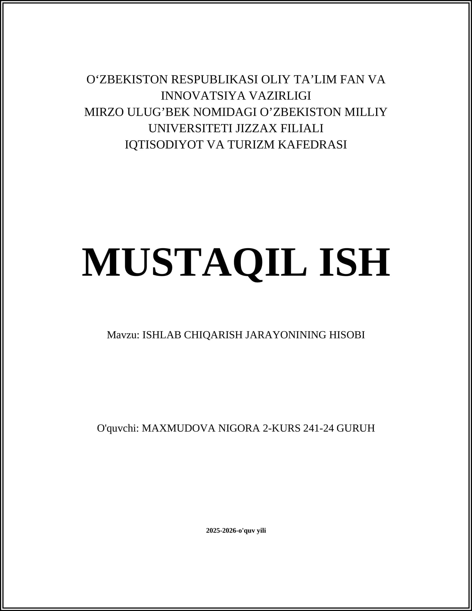 Ishlab Chiqarish Jarayonining Hisobi