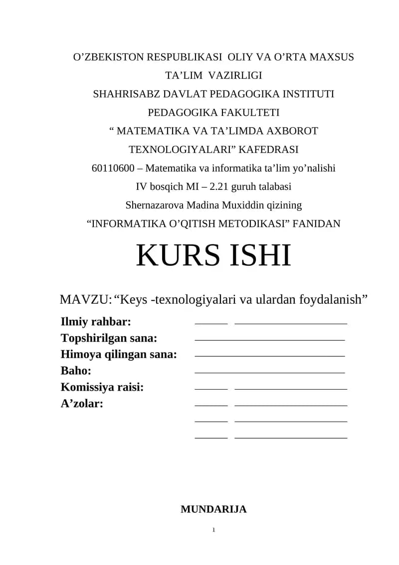 INFORMATIKA O’QITISH METODIKASI FANIDAN KURS ISHI