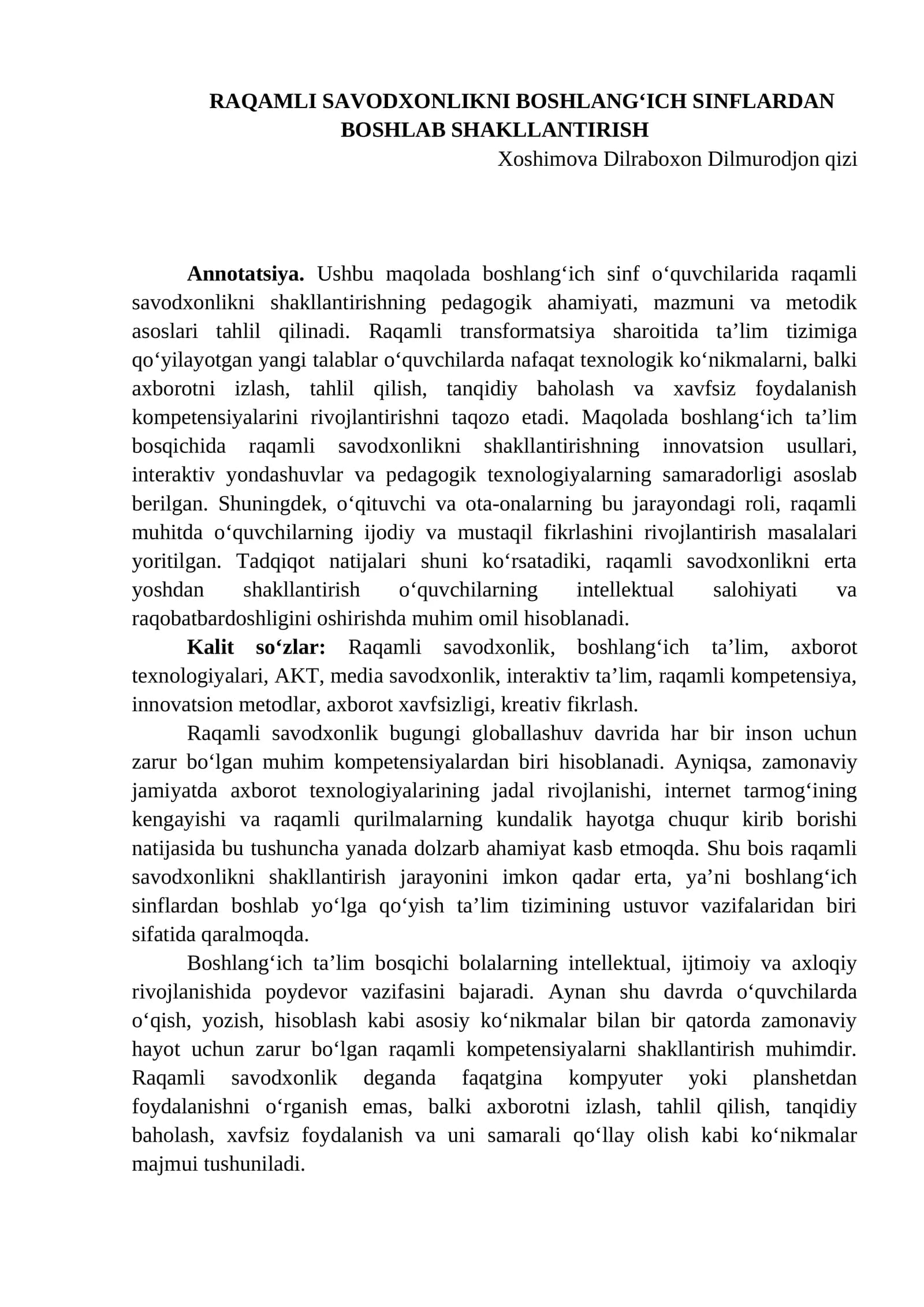 RAQAMLI SAVODXONLIKNI BOSHLANG‘ICH SINFLARDAN BOSHLAB SHAKLLANTIRISH