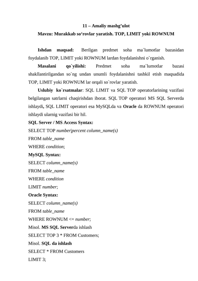 Murakkab so‘rovlar yaratish. TOP, LIMIT yoki ROWNUM