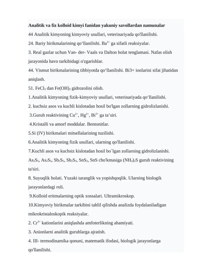 Analitik va fiz kolloid kimyi fanidan yakuniy savollardan namunalar