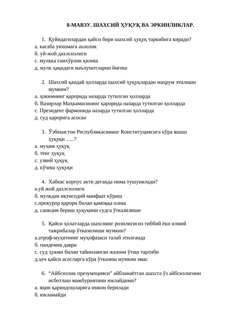 Шахсий Ҳуқуқ ва Эркинликлар