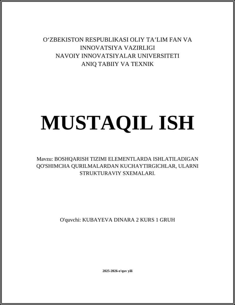 BOSHQARISH TIZIMI ELEMENTLARDA ISHLATILADIGAN QO'SHIMCHA QURILMALAR