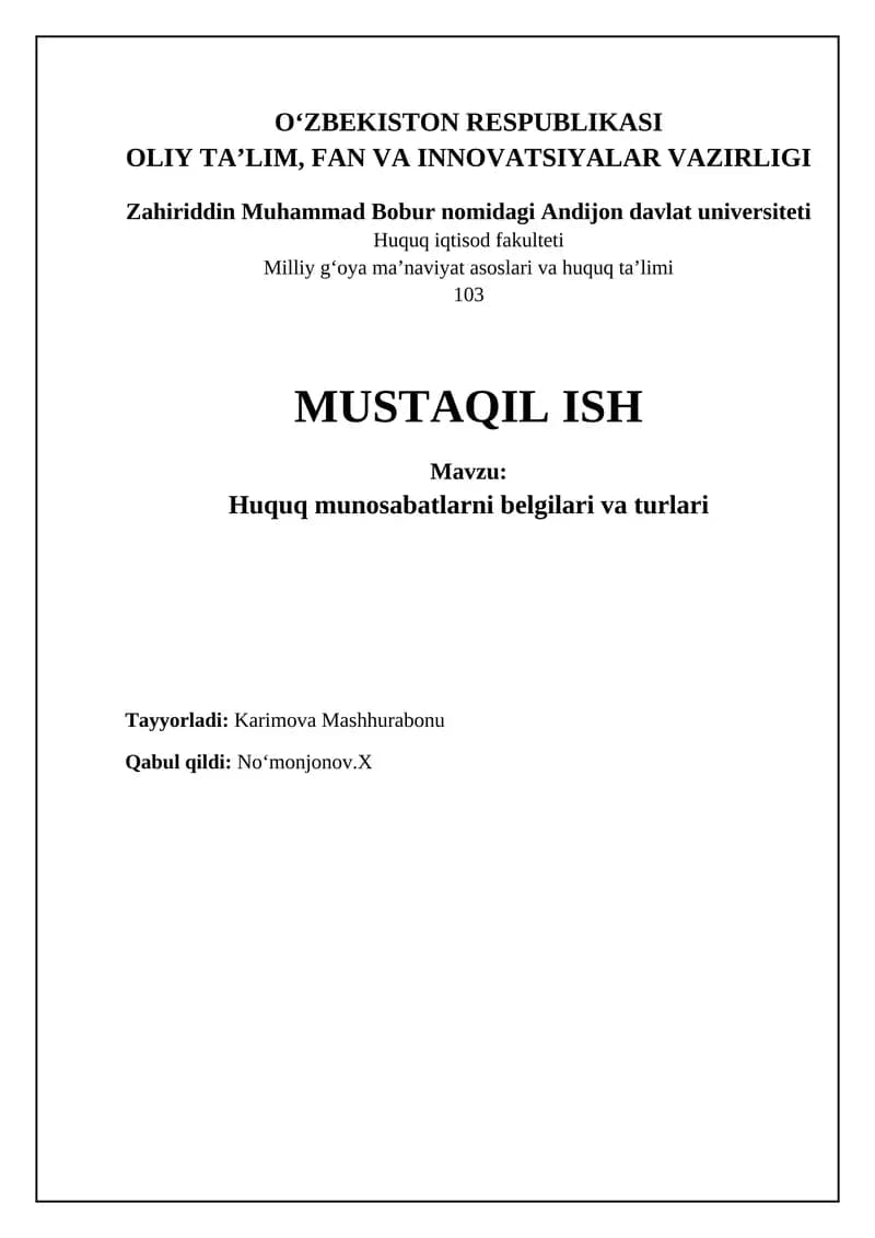 Huquq munosabatlarni belgilari va turlari