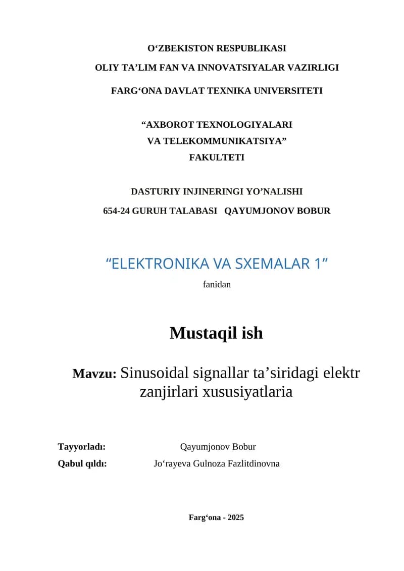 Sinusoidal signallar ta’siridagi elektr zanjirlari xususiyatlari