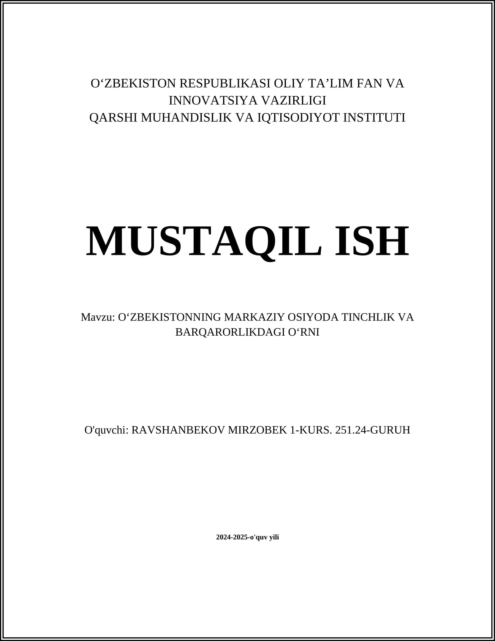Oʻzbekistonning Markaziy Osiyoda Tinchlik va Barqarorlikdagi Oʻrni