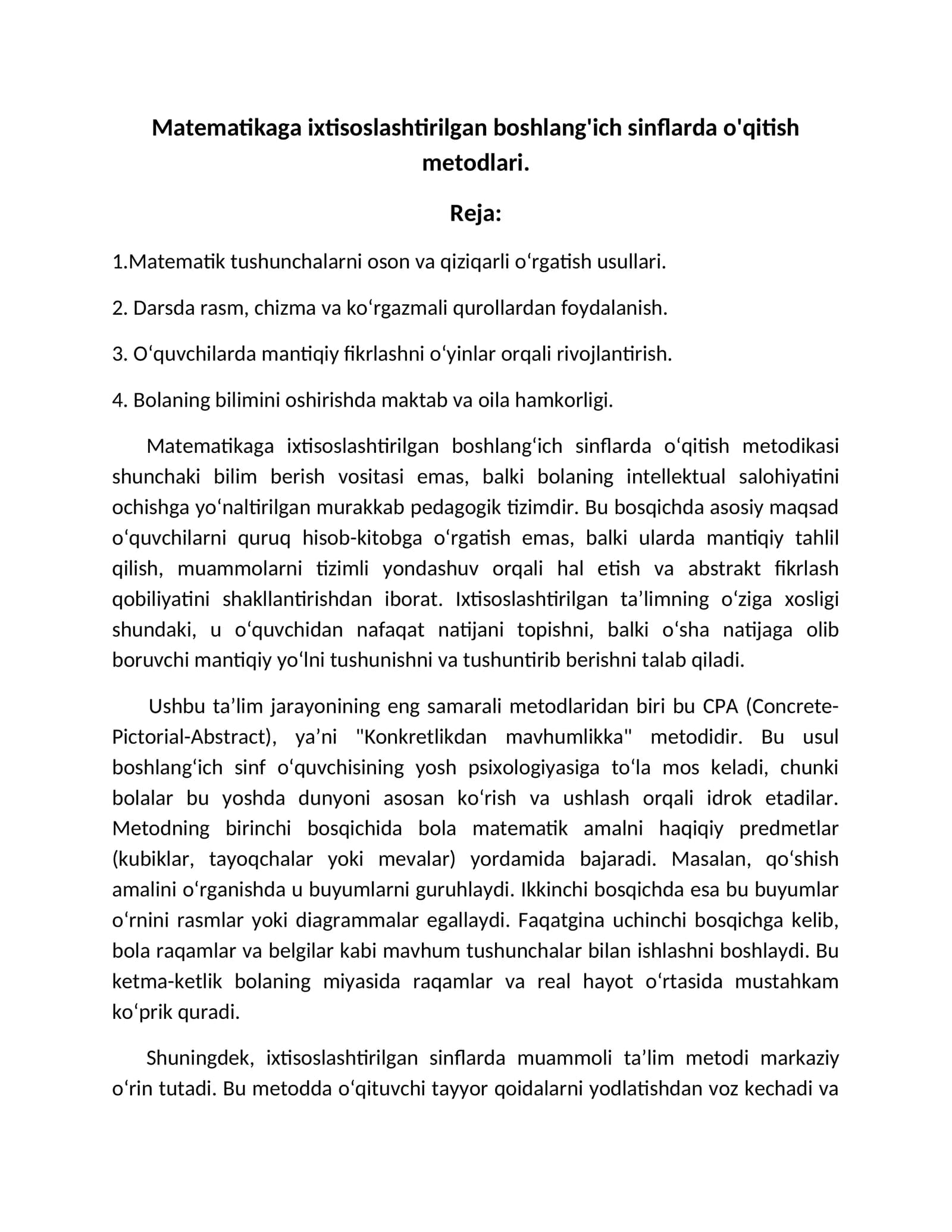 Matematikaga ixtisoslashtirilgan boshlang'ich sinflarda o'qitish metodlari