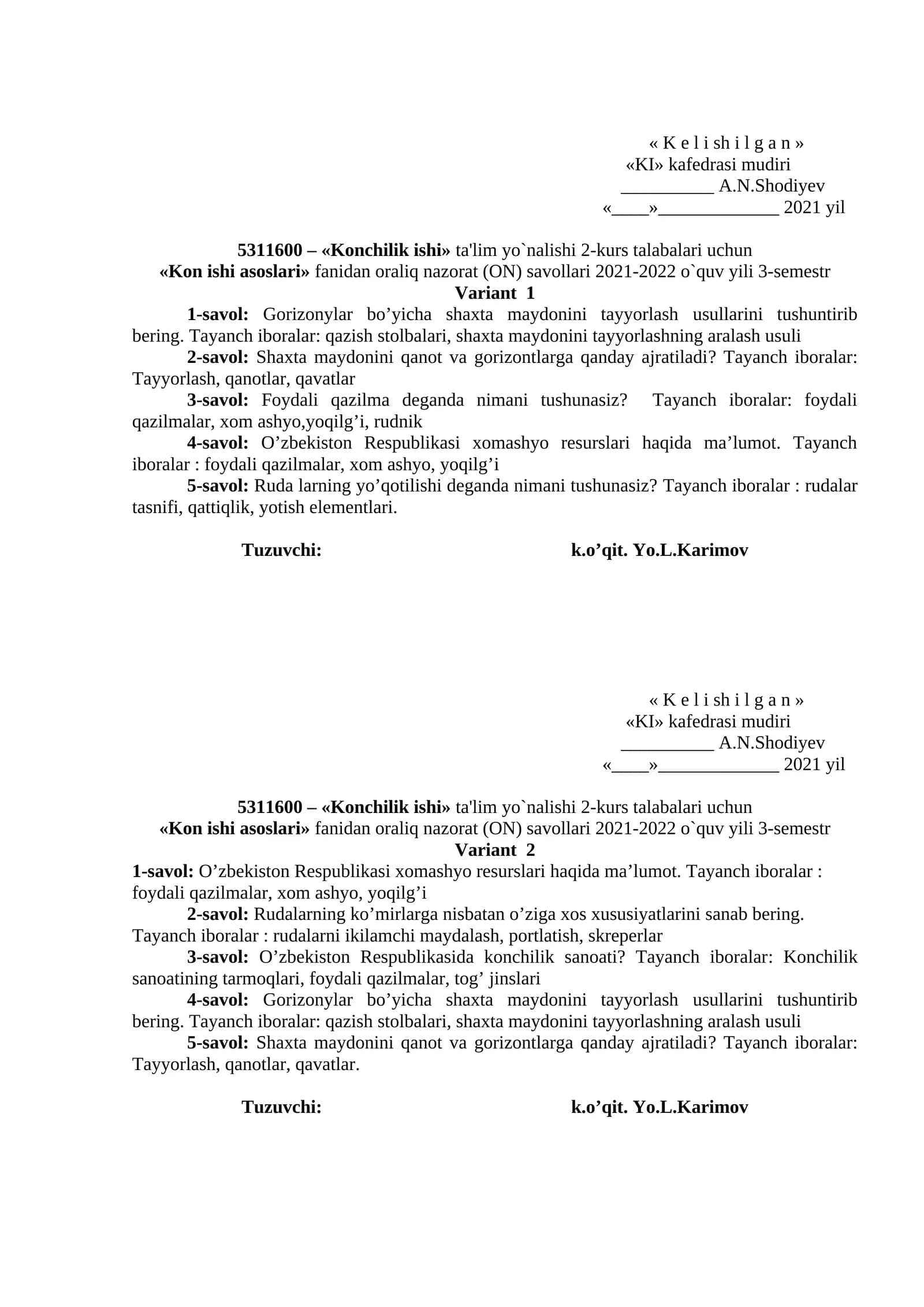 Kon ishi asoslari fanidan oraliq nazorat (ON) savollari