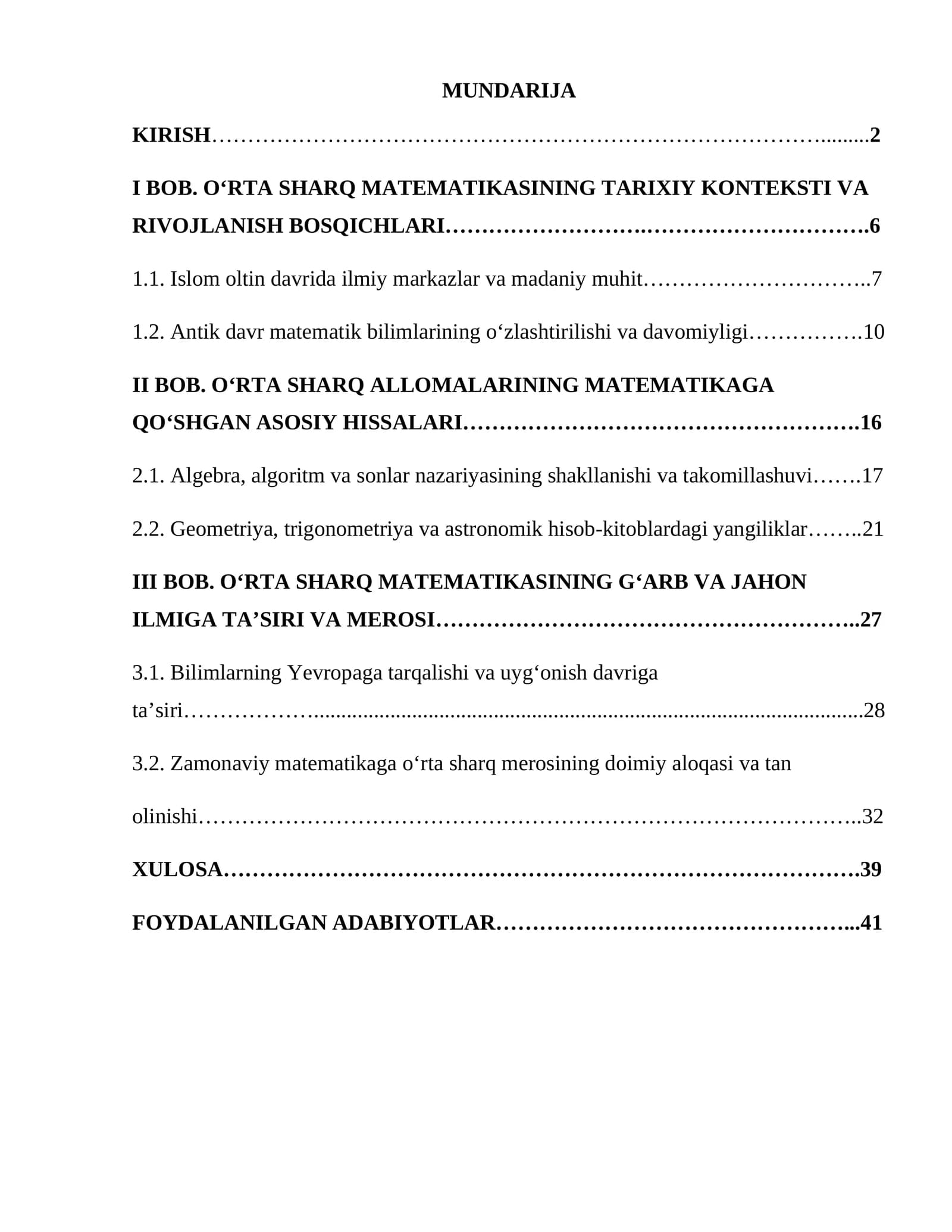 O‘RTA SHARQ ALLOMALARINING MATEMATIKAGA QO’SHGAN HISSASI