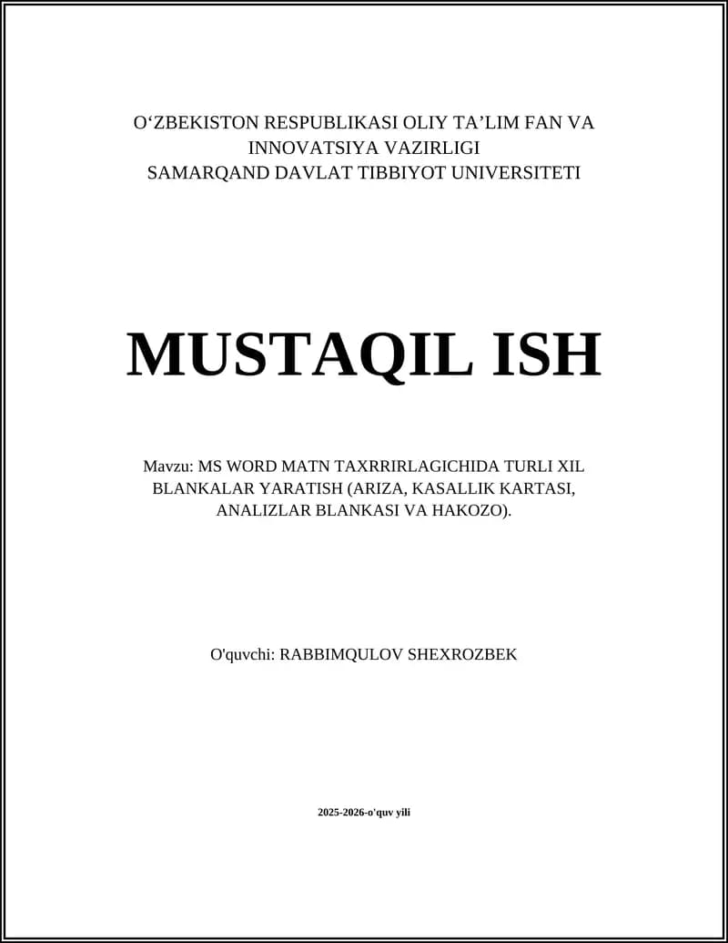 MS WORD MATN TAXRRIRLAGICHIDA TURLI XIL BLANKALAR YARATISH (ARIZA, KASALLIK KARTASI, ANALIZLAR BLANKASI VA HAKOZO)