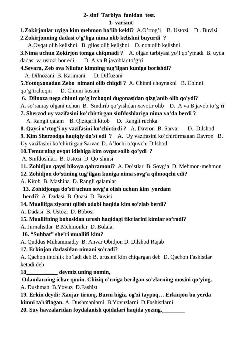 2- sinf Tarbiya fanidan test