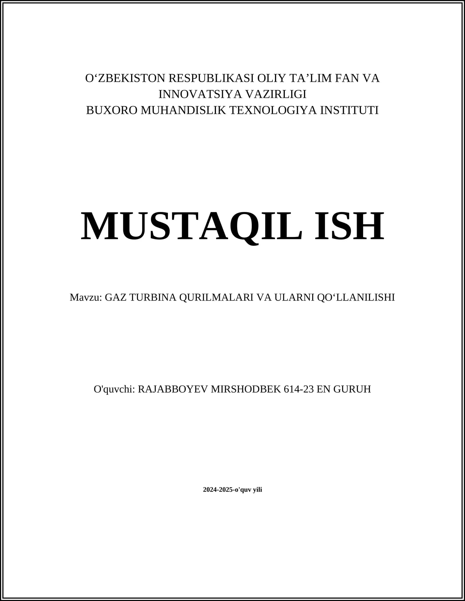 GAZ TURBINA QURILMALARI VA ULARNI QOʻLLANILISHI