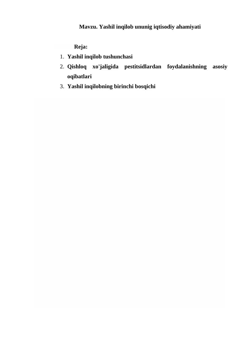 Yashil inqilob ununig iqtisodiy ahamiyati