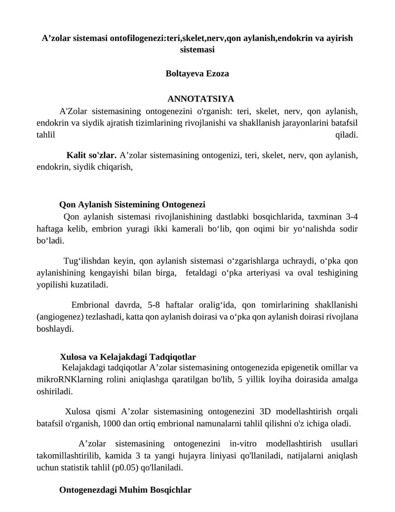 A’zolar sistemasi ontofilogenezi: teri, skelet, nerv, qon aylanish, endokrin va ayirish sistemasi