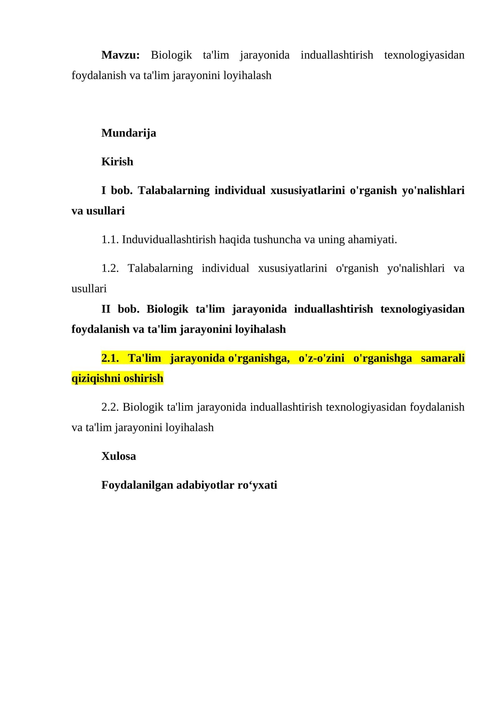 Biologik ta'lim jarayonida induallashtirish texnologiyasidan foydalanish va ta'lim jarayonini loyihalash