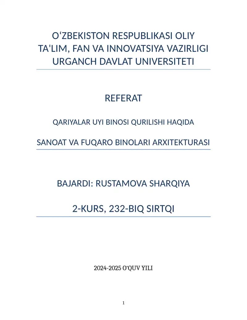 Qariyalar uyi binosi qurilishi haqida