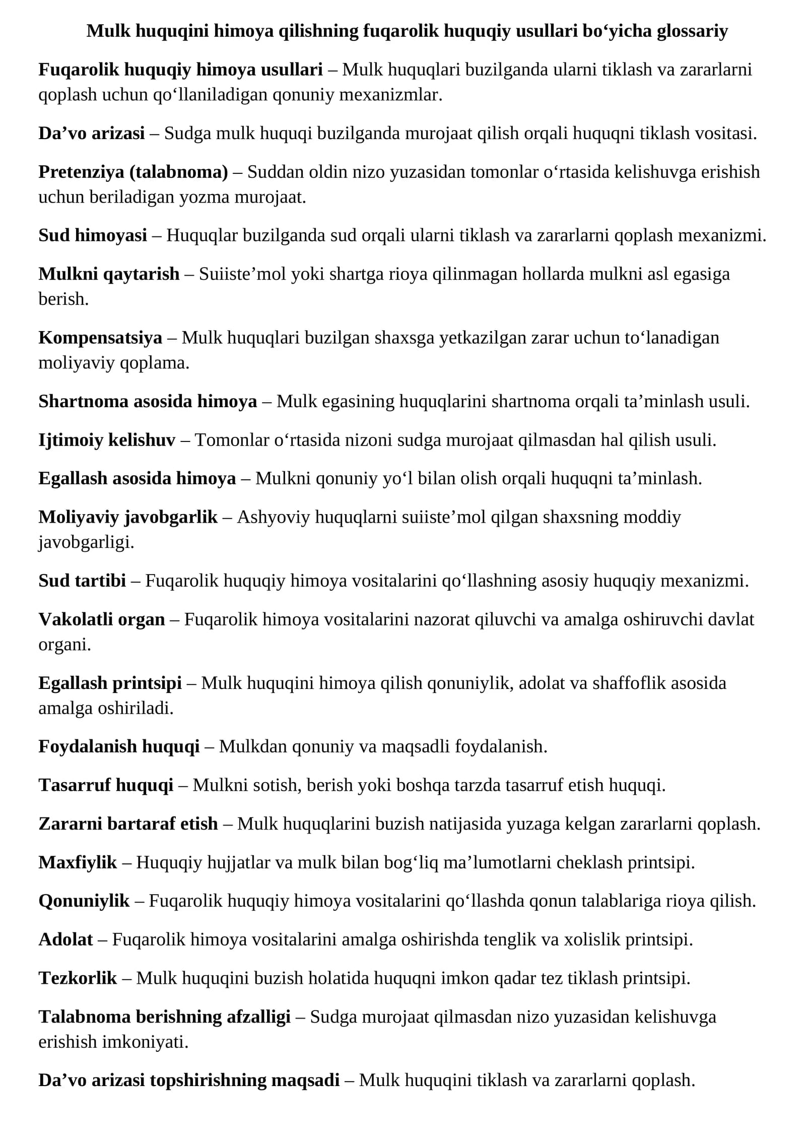 Mulk huquqini himoya qilishning fuqarolik huquqiy usullari bo‘yicha glossariy