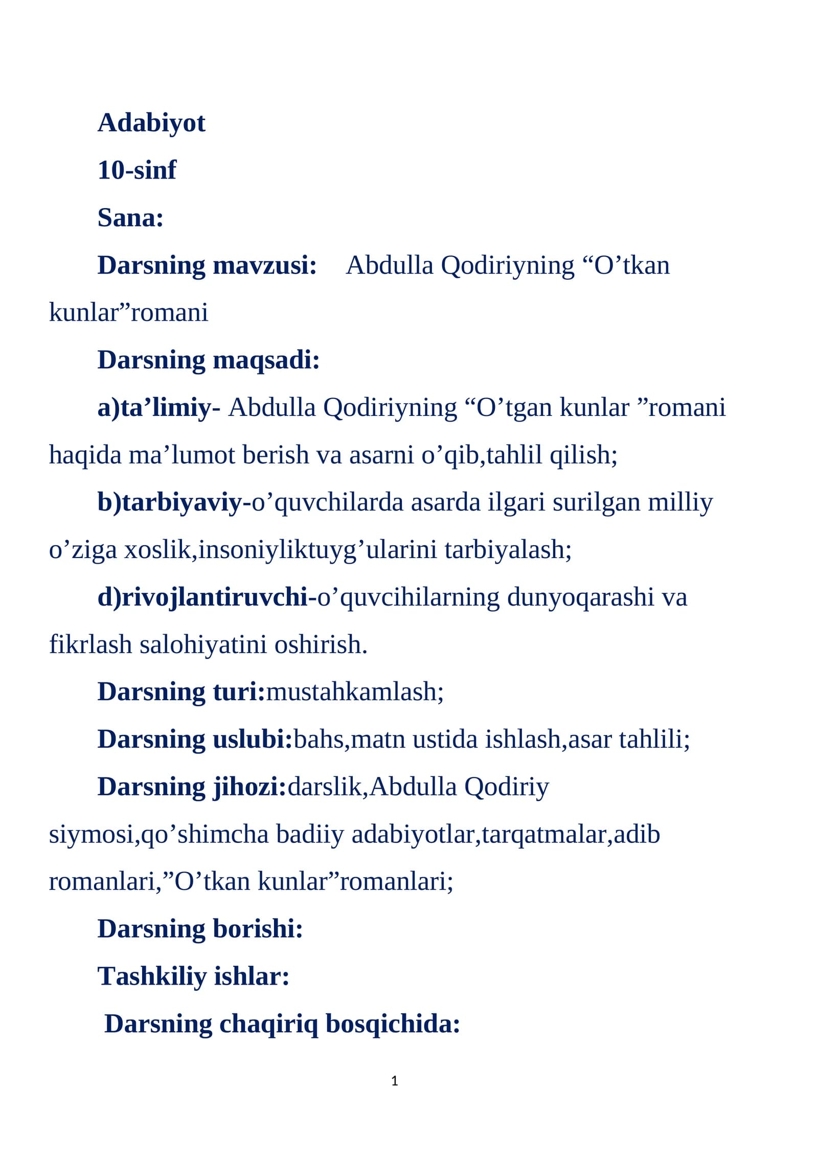10-sinf Adabiyot Abdulla Qodiriyning O'tgan kunlar romani dars ishlanma