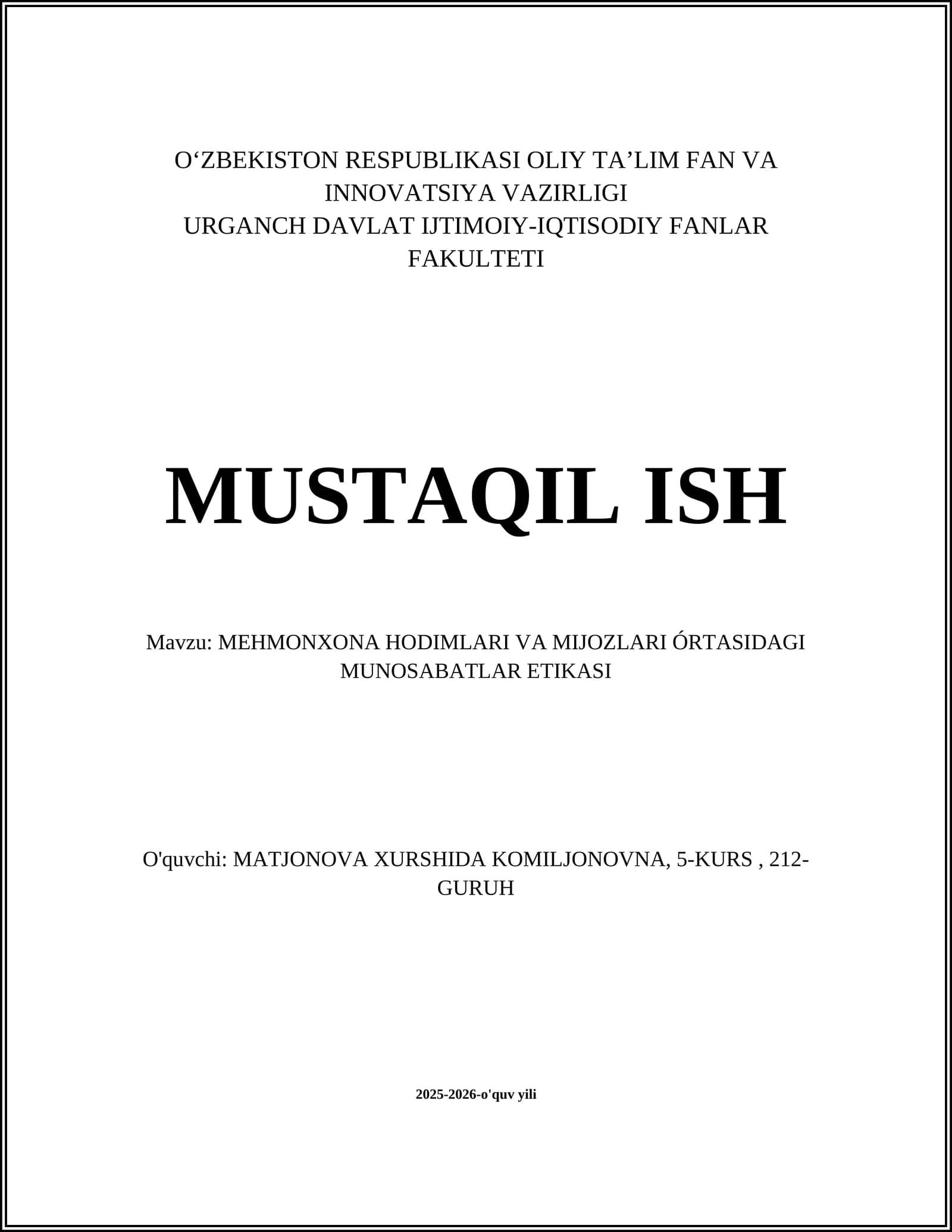 MEHMONXONA HODIMLARI VA MIJOZLARI ÓRTASIDAGI MUNOSABATLAR ETIKASI