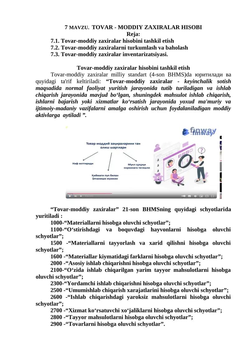 MAVZU. TOVAR - MODDIY ZAXIRALAR HISOBI