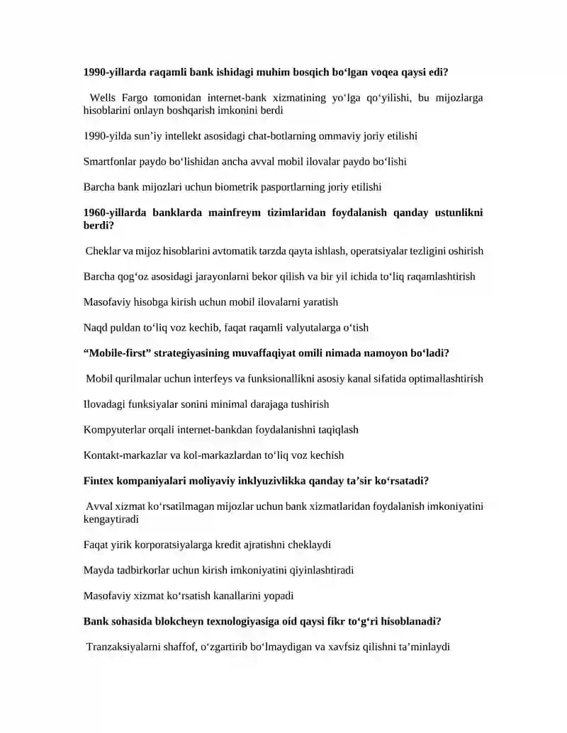 Raqamli bank ishi yakuniy testlar toplami