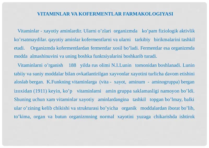 VITAMINLAR VA KOFERMENTLAR FARMAKOLOGIYASI