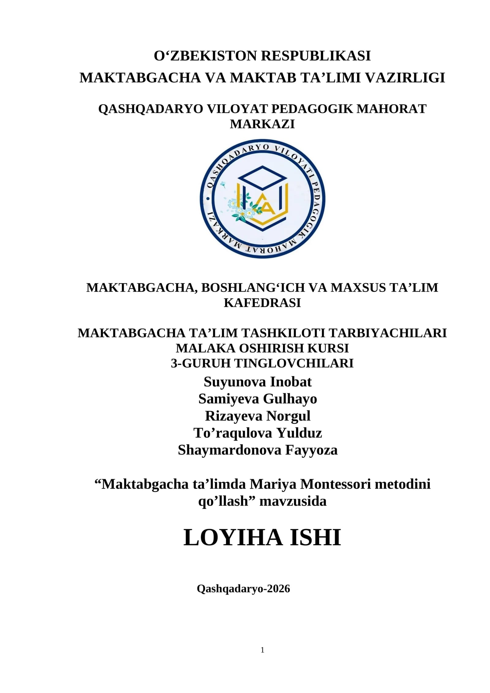 Maktabgacha ta’limda Mariya Montessori metodini qo’llash