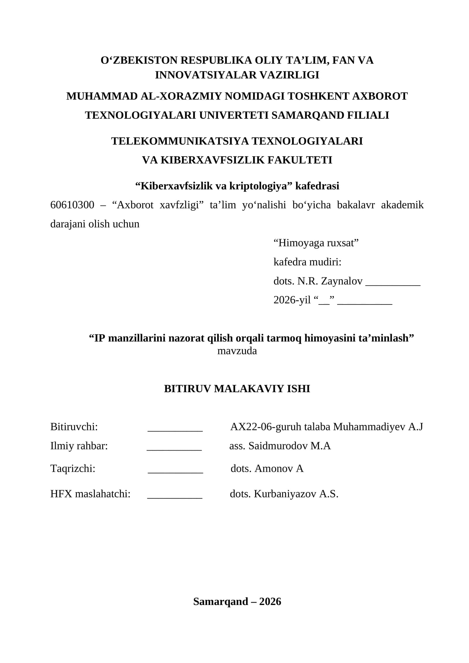 IP manzillarini nazorat qilish orqali tarmoq himoyasini ta’minlash