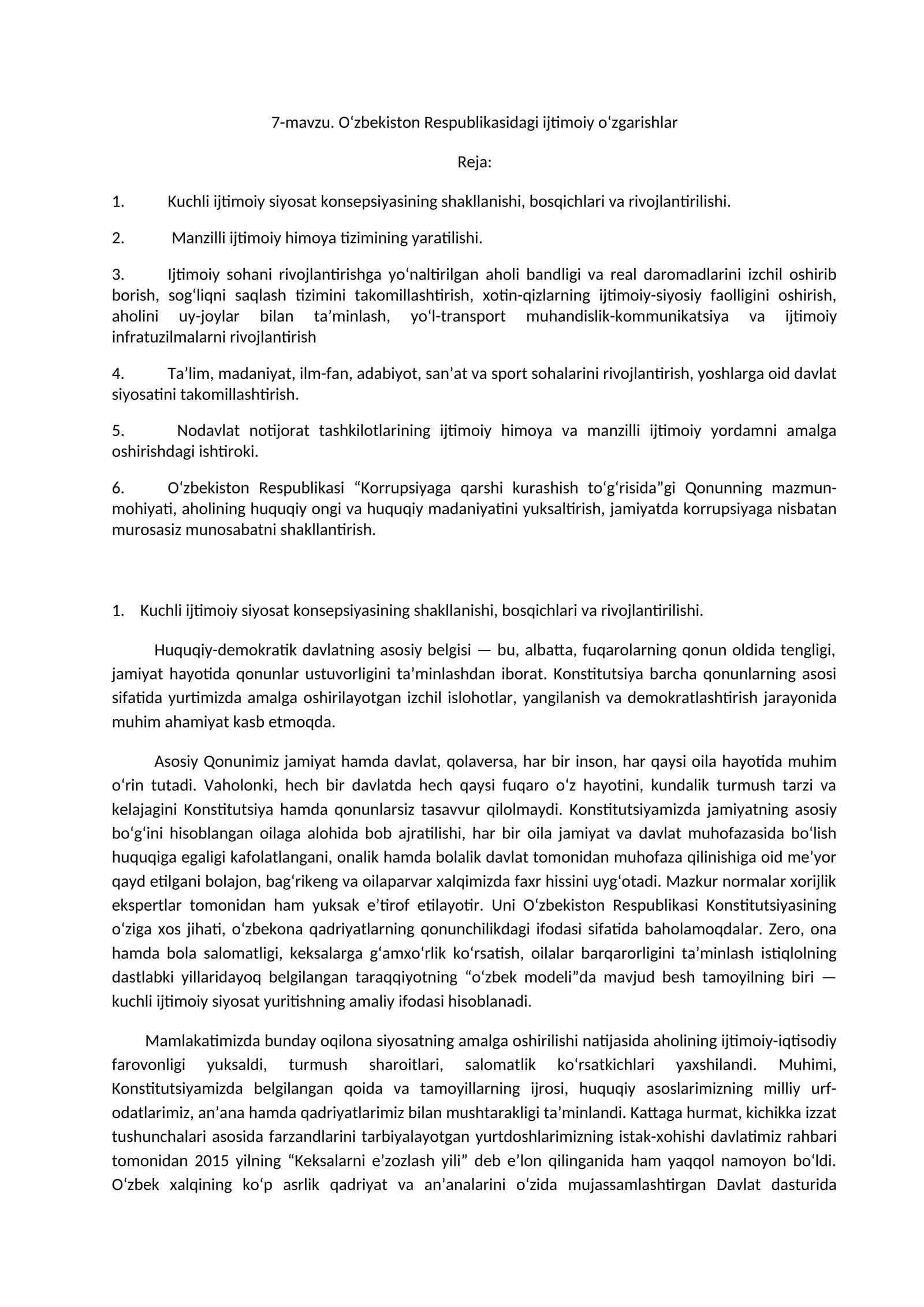O‘zbekiston Respublikasidagi ijtimoiy o‘zgarishlar