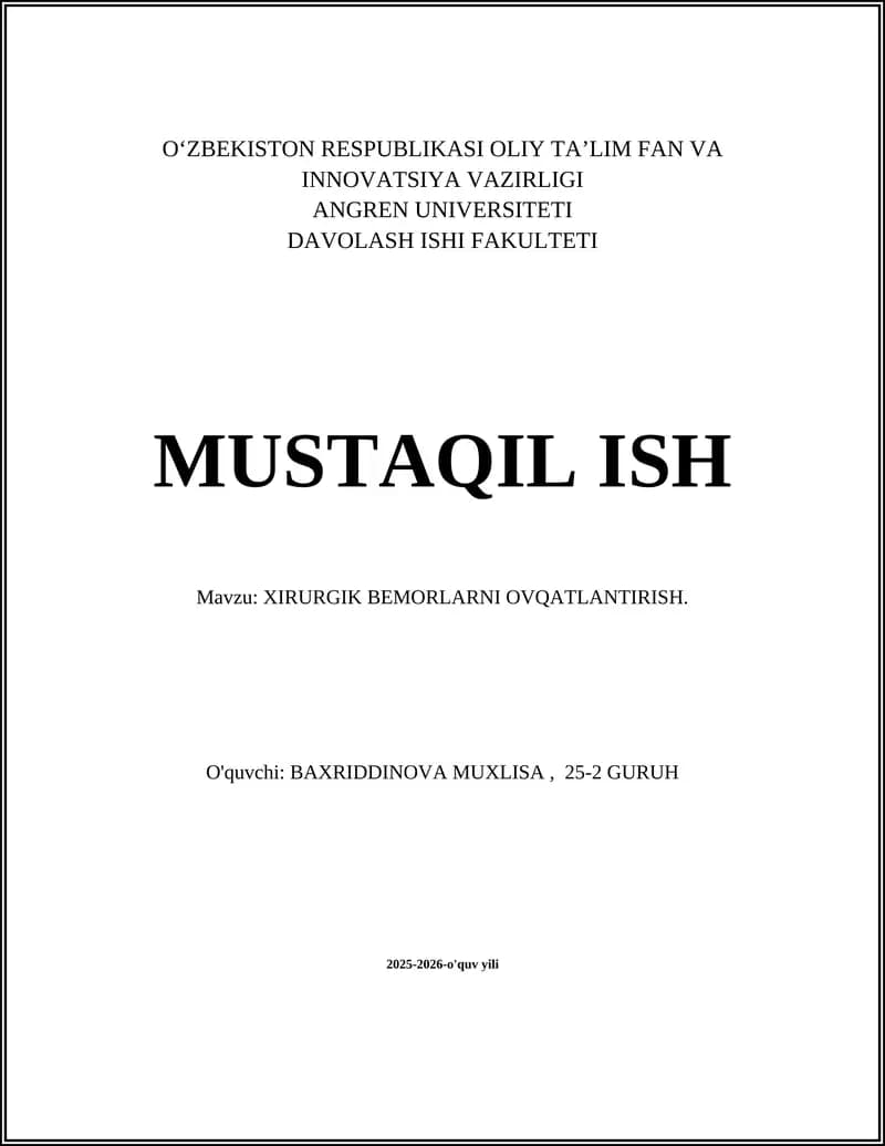 XIRURGIK BEMORLARNI OVQATLANTIRISH